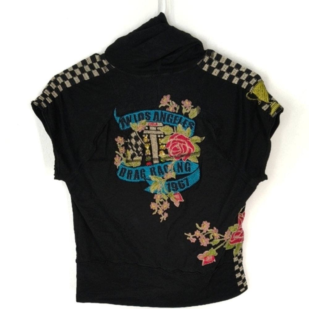 Johnny Was JW Los Angeles Drag Racing Embroidered Hoodie Short Sleeves Sz Small